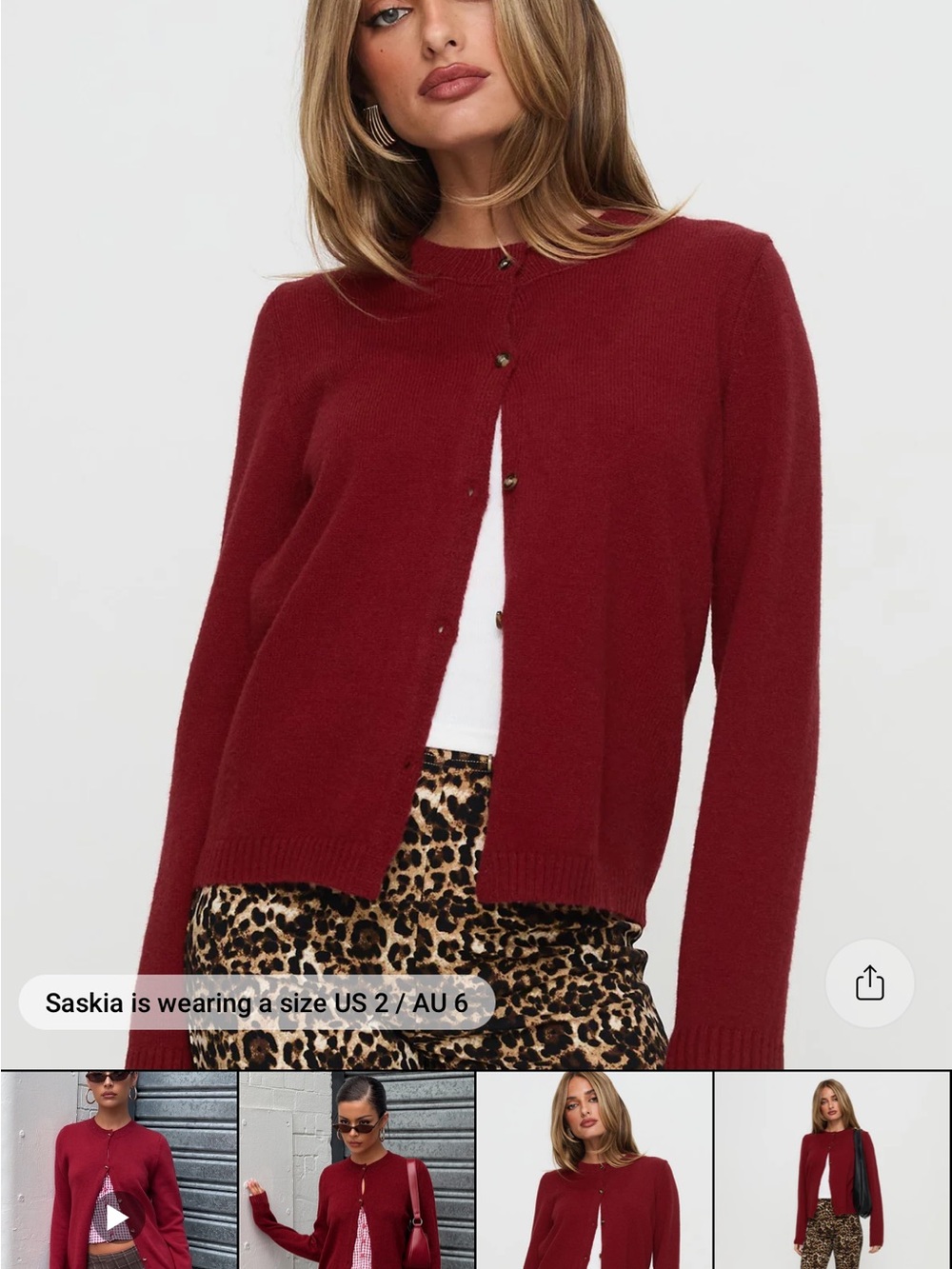 Princess Polly Burgundy Button-Up Crewneck Cardigan